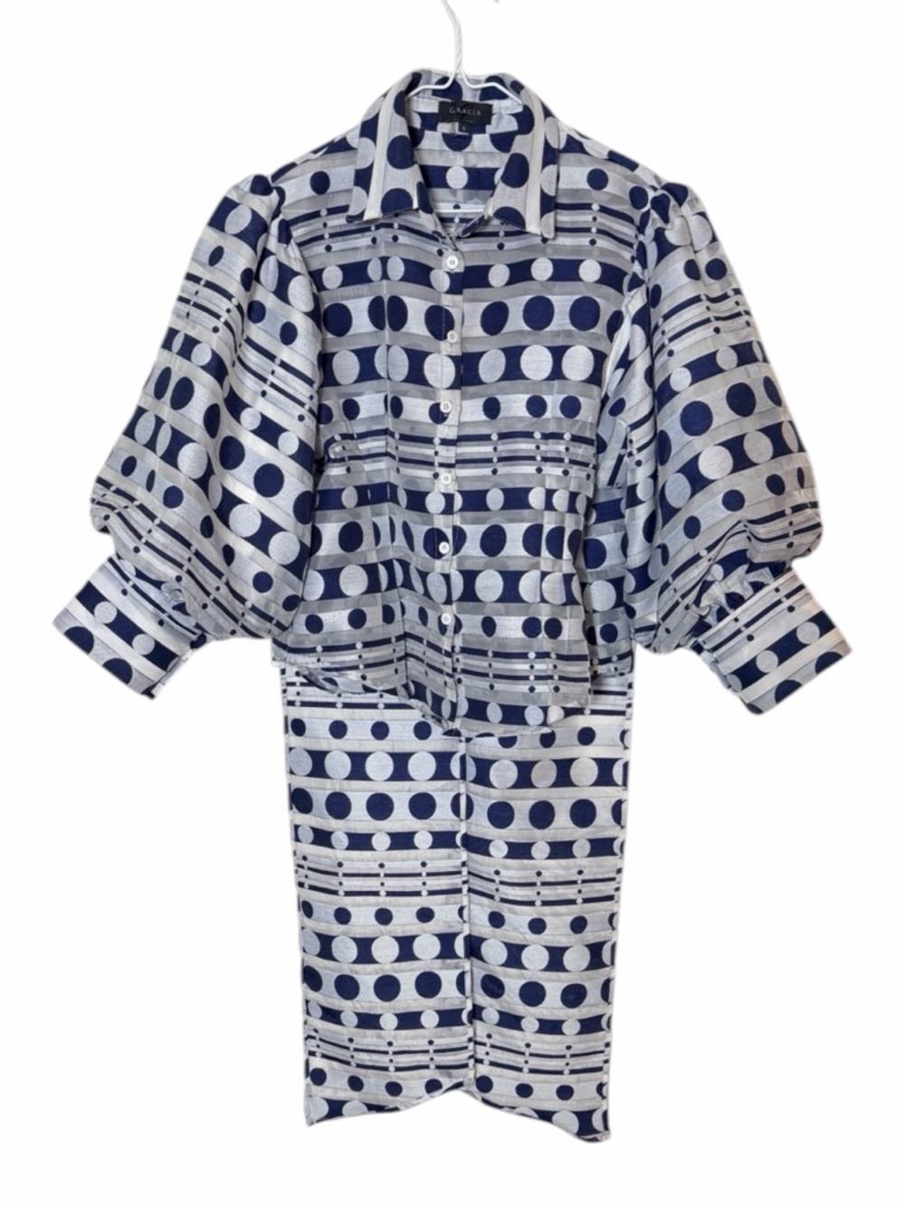 Gracia Blue & Silver Polka Dot Balloon Sleeve High-Low Blouse with Tails - Large